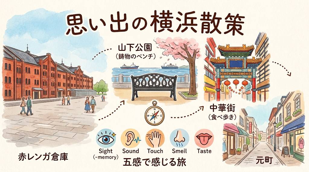 全盲の視覚障害者が電車で行く、松戸から横浜への五感を味わう日帰り旅行のイメージ画像です。