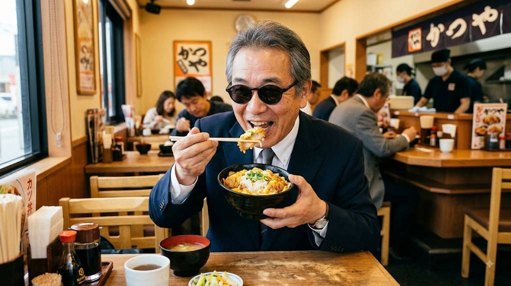 視覚障害者でスーツを着ている男性が、笑顔でカツ丼を食べている画像です。