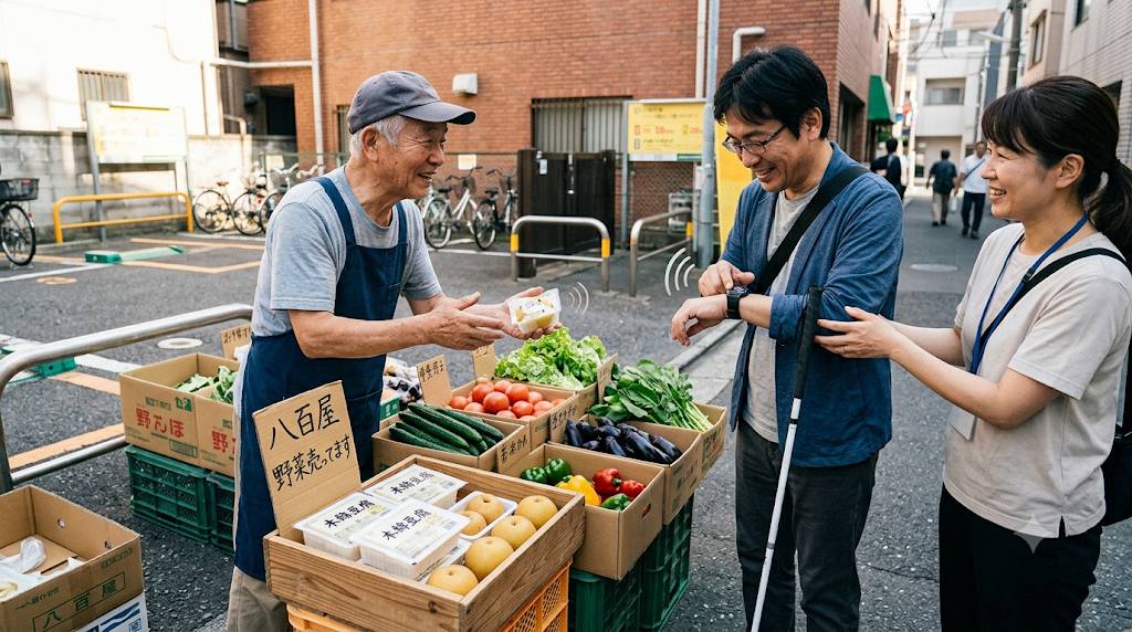 道端の空きスペースで出会った、青空八百屋さんと男性視覚障害者との買い物風景を描いた画像です。