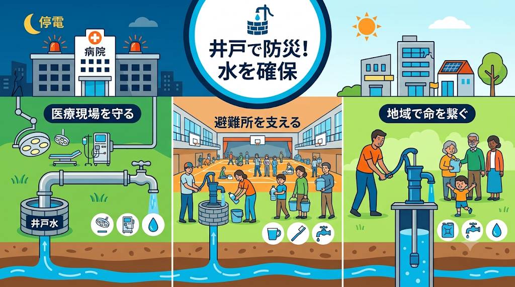 災害避難所における水道断水に対応するための井戸の活用方法を現した画像です。