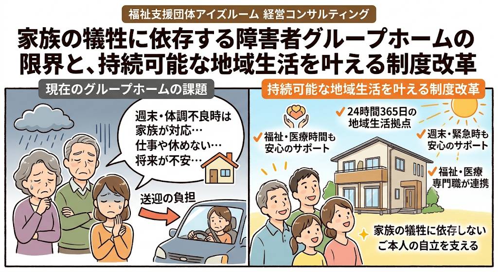障害者グループホームの問題を定義したイラスト画像です。