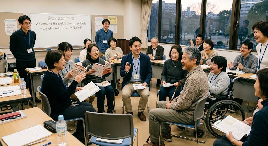 福祉支援団体EYESROOMが企画する障害者就労支援「英会話サークル」のイメージ画像です。