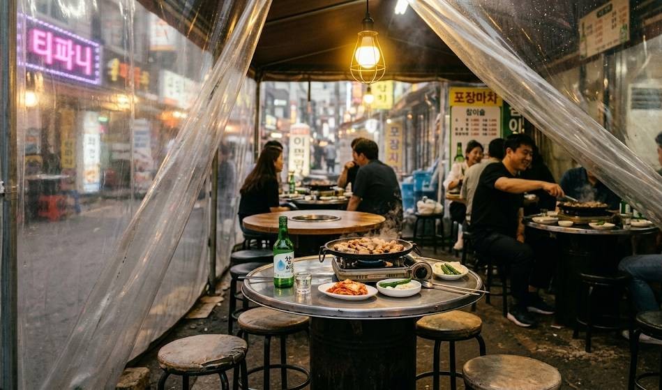 韓国屋台で焼肉(プルコギ)と韓国酒(チャミスル)を食しながら盛り上がっているイメージの画像です。