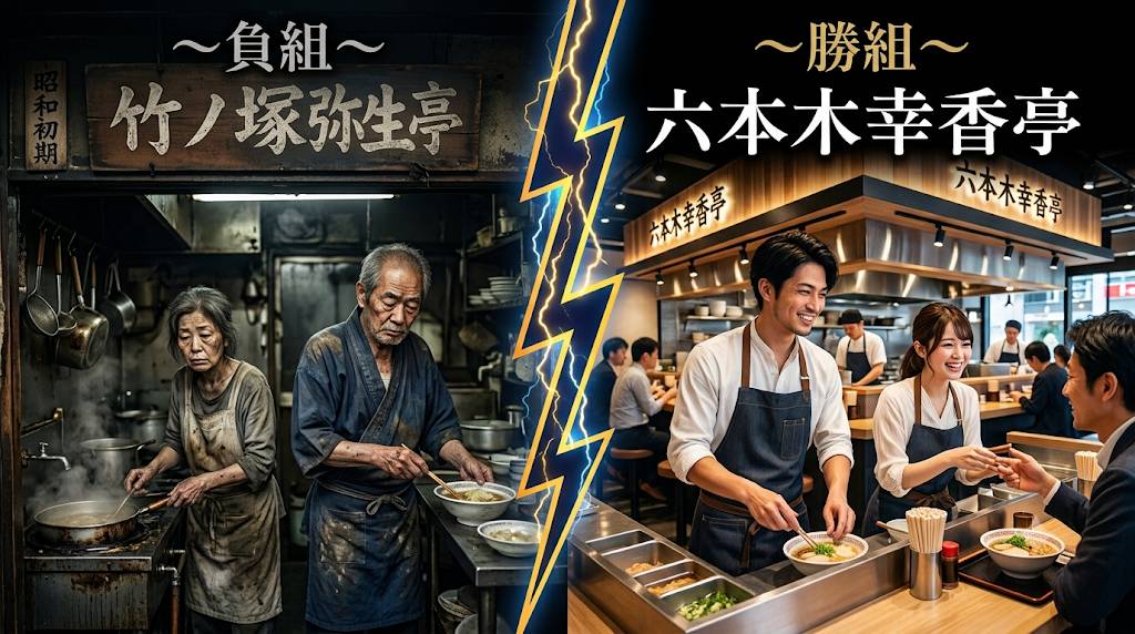 少子高齢化人口減少による飲食店の淘汰、負け組飲食店と勝ち組飲食店の区別をしたイメージ画像です。