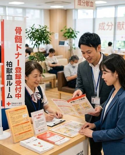 柏献血ルームの中で月に1回行われている骨髄バンク登録受付の模様をイメージした画像です。