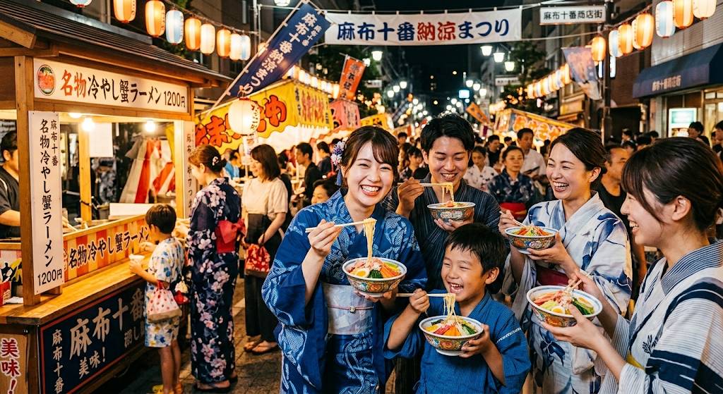 麻布十番の納涼祭りで、屋台の冷やしラーメンを提供し、みんなが楽しそうに食べている画像です。