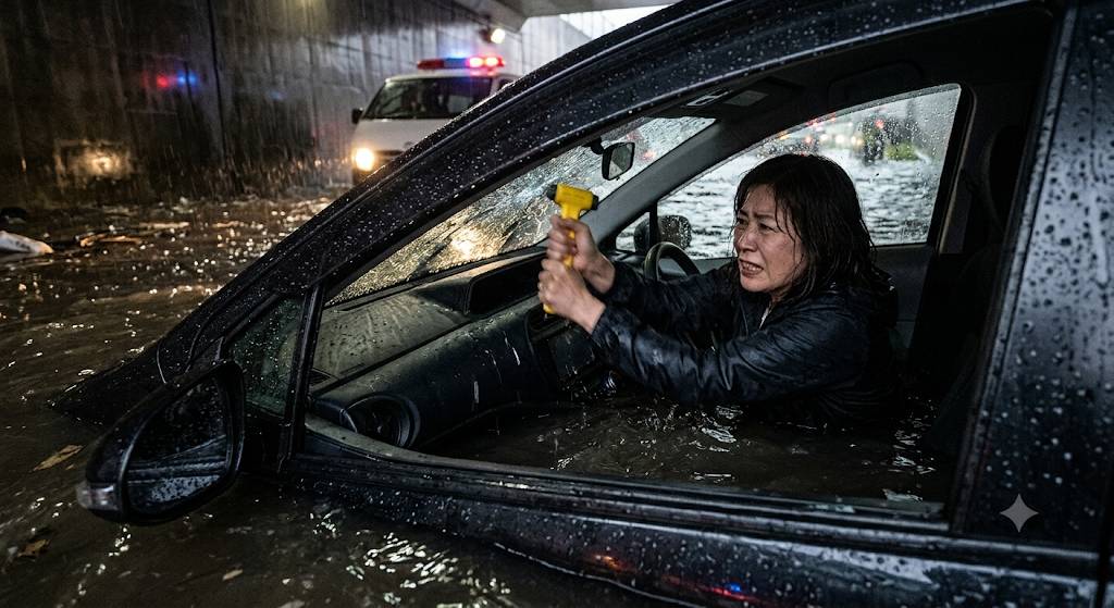 集中豪雨でアンダーパスが冠水し、車に乗っている女性がハンマーを使い、運転席のガラスを割って脱出しようとしているイメージ画像です。