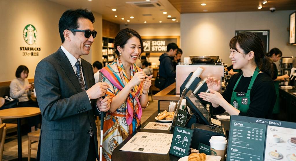 スターバックスの聴覚障害者が働く店舗で、視覚障害者の男性とガイドヘルパーが手話を使って発注カウンター越しに笑顔でコミュニケーション(手話)をとっているアイキャッチ画像です。