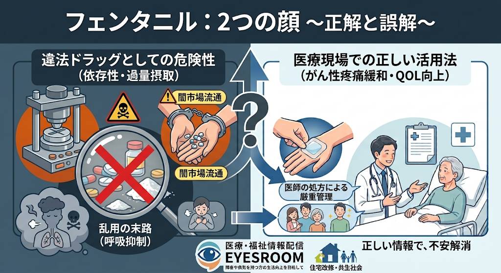 問題視されている「フェンタニル」の危険性と、安全な服用について解説したアイキャッチ画像です。
