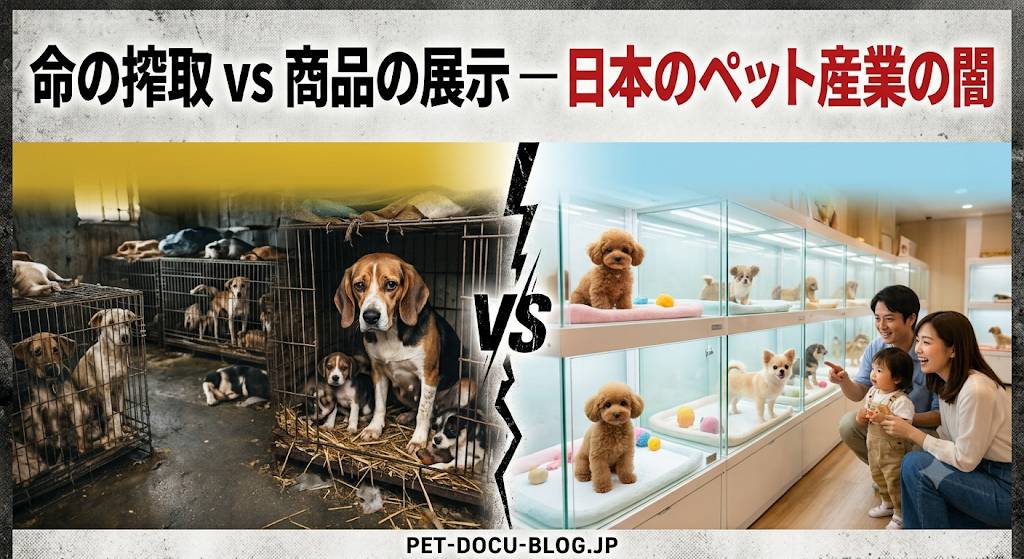日本におけるペット商売の闇を表現した、悪徳ブリーダーとペットショップ問題をイメージした、アイキャッチ画像です。