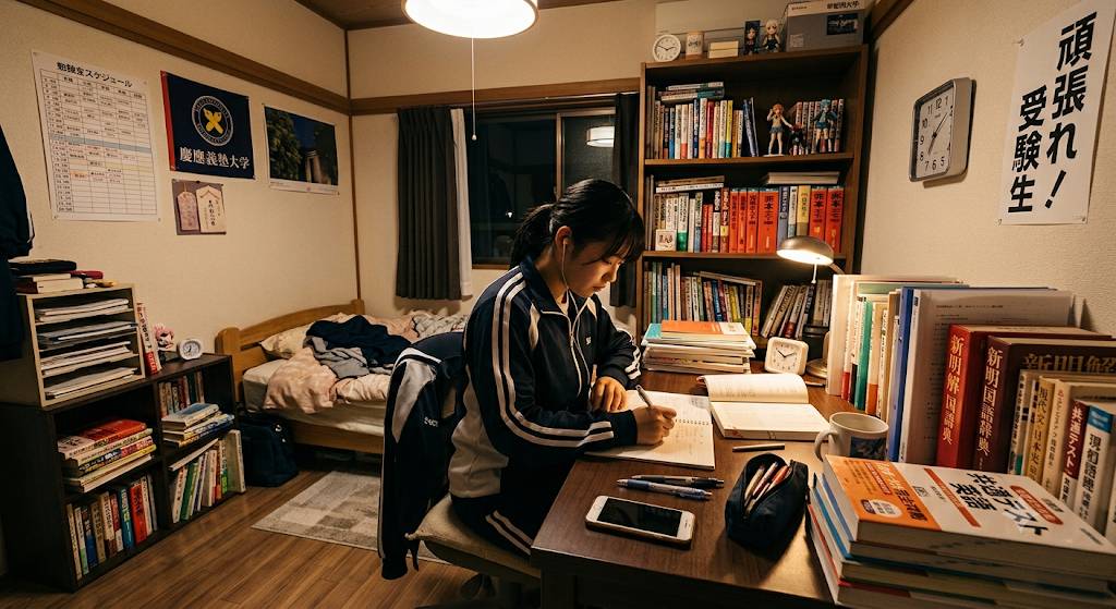 有名大学受験を控えたポニーテールの女子高生が、子供部屋洋室で猛勉強をしているアイキャッチ画像です。