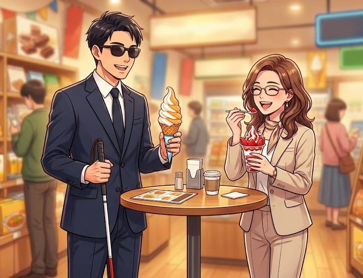 セブンパークアリオ柏「北海道うまいもの館」店前のイートインスペースで、視覚障害者の男性と若い女性がソフトクリームを食べている画像です。