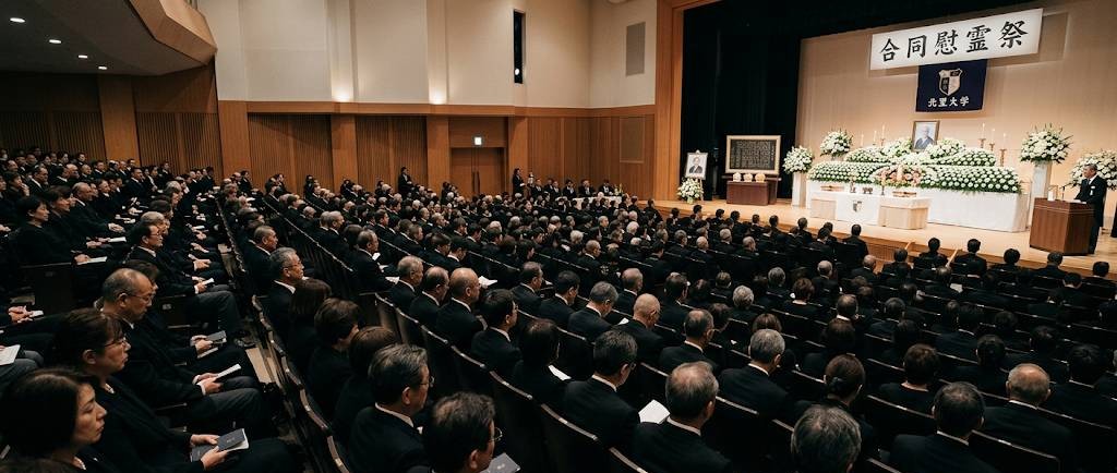 医療の発展や病因の究明、そして未来の医療を担う医師の育成の為に検体、病理解剖、献体に協力いただいた方々と、その決断を支えられたご家族に深く感謝し追悼を捧げる、北里大学の合同慰霊祭をイメージした数百人規模の画像です。