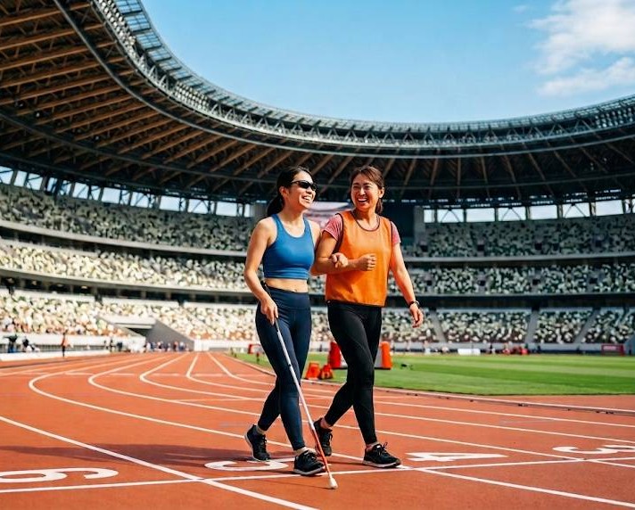 東京オリンピックが行われた国立競技場のトラックの上で、視覚障害者の女性とガイドヘルパーがイベントにてウォーキングをしているイメージ画像です。