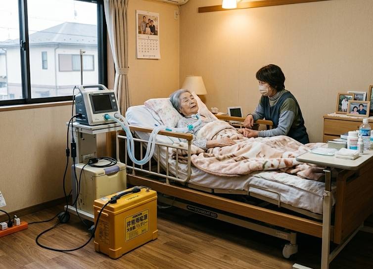 災害停電時の緊急電源確保。在宅女性患者に医療機器が繋がれ、災害時に停電が発生し緊急用電源が作動しているアイキャッチ画像です。