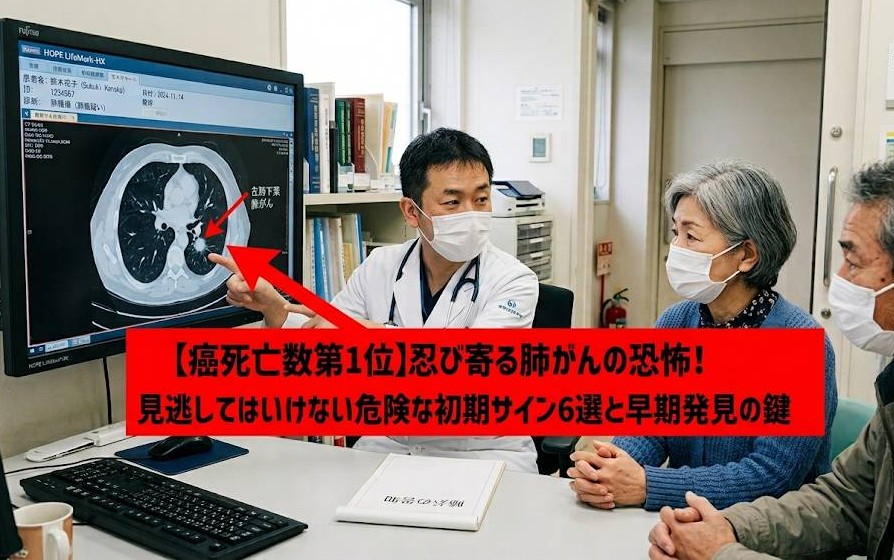 病因の診察室で、シニアの夫婦が担当医から電子カルテの画像を示され、肺がんの告知を受けた画像です。