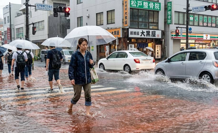 台風豪雨により冠水した道路を通行している、車や人のアイキャッチ画像です。