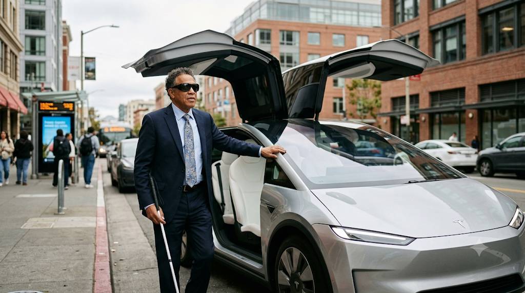 男性の視覚障害者が、米国でテスラの無人自動運転タクシーに乗り込もうとしているイメージ画像です。