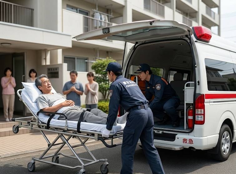 高齢者の男性が突然重篤な病気になり、自宅マンションからストレッチャーで救急車へ搬送されている画像です。