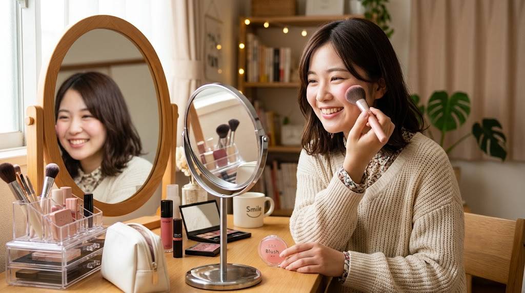 若い視覚障害者の女性が鏡の前でブラインドメイクをしているイメージ画像です。