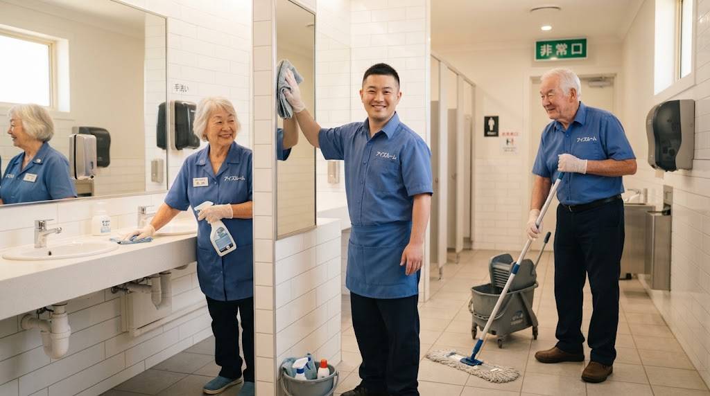 アイズルームのスタッフ、障害者と高齢者が市役所のトイレ掃除を笑顔で協力しながら行っている「共生社会」をイメージした画像です。