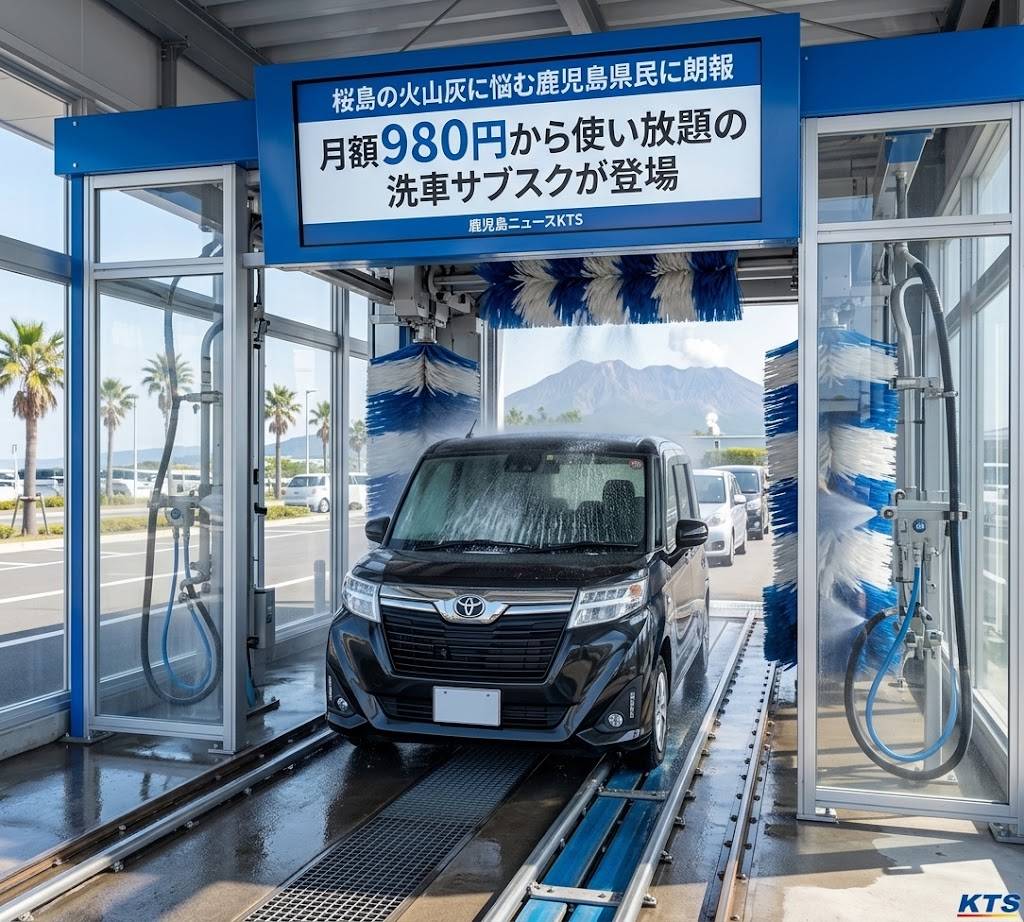 定額・サブスク型の洗車システム。車を専用レーンの上に乗せると、ドライブスルーのように自動的に流れながら、洗車が行われる画期的なサービスのイメージ画像です。