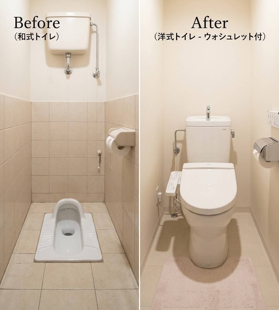 アイズルームの住宅改修「和式トイレから様式トイレへ改修」工事のビフォーアフターをイメージした画像です。