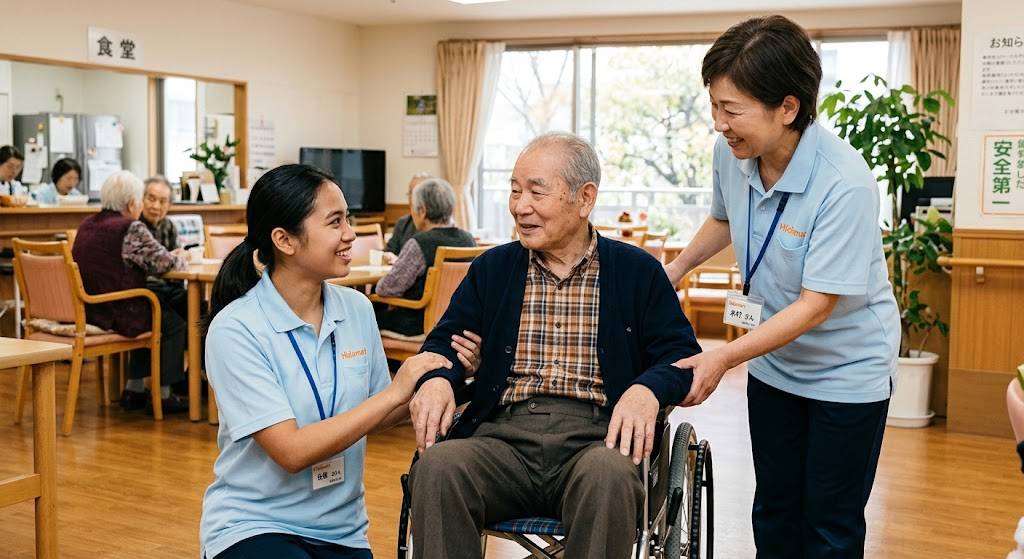 低価格介護付き有料老人ホームの施設で、外国人の介護スタッフとベテラン日本人の介護スタッフが、笑顔で高齢男性を介助しているイメージ画像です。