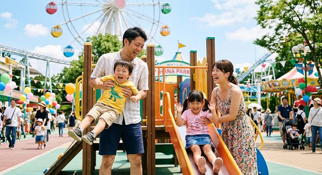 若いご夫婦と子供たちが遊園地で遊んでいる画像です。