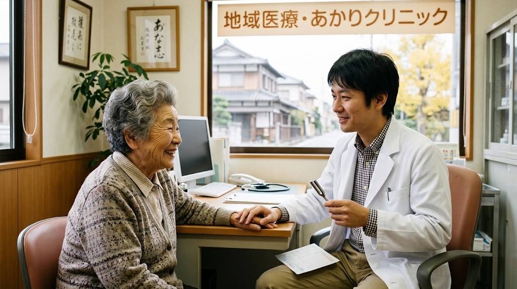 若いお医者さんが高齢女性を問診している画像です。