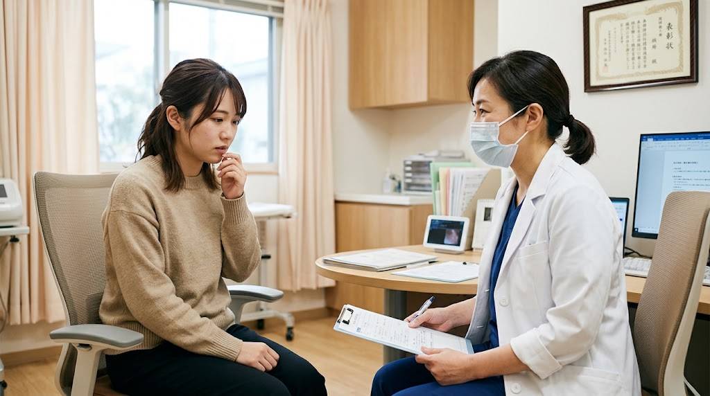 清潔でモダンな診察室、クリニックで女医さんに若い女性が問診を受けながら苦悩し、相談している画像です。