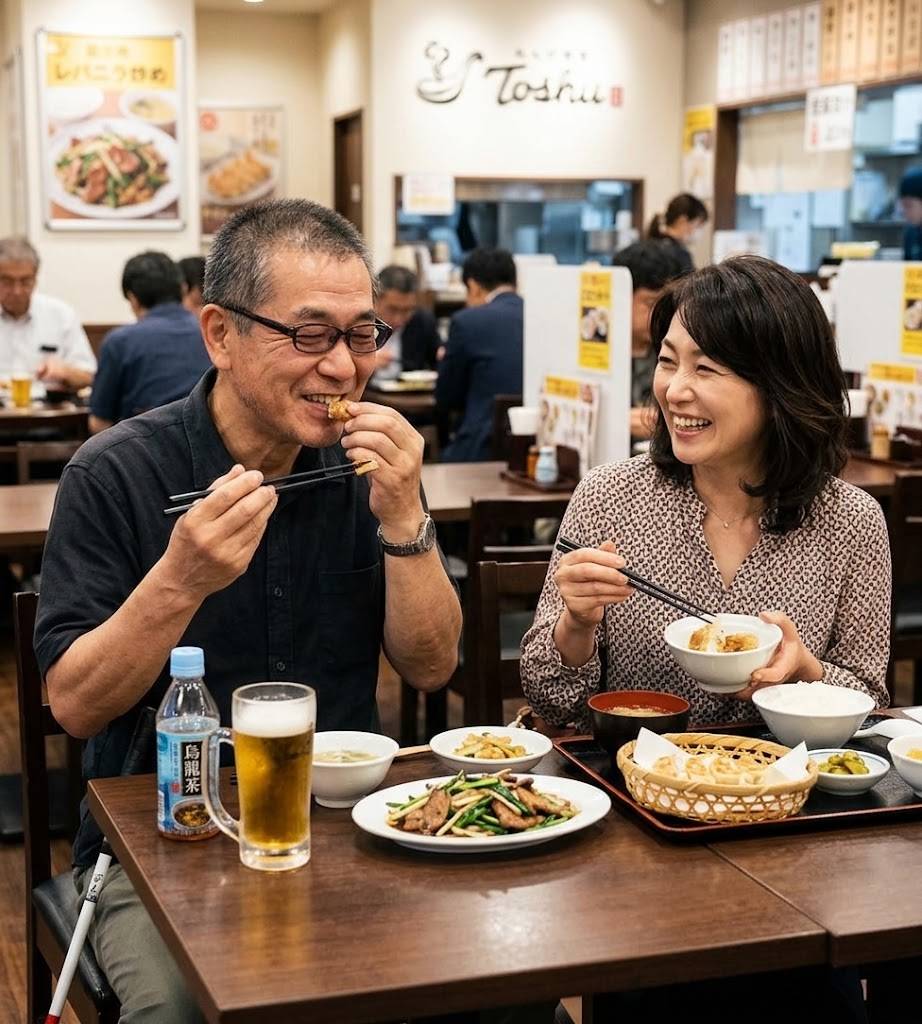 視覚障害者の男性と女性アシスタントが、中華料理を食べている画像です。