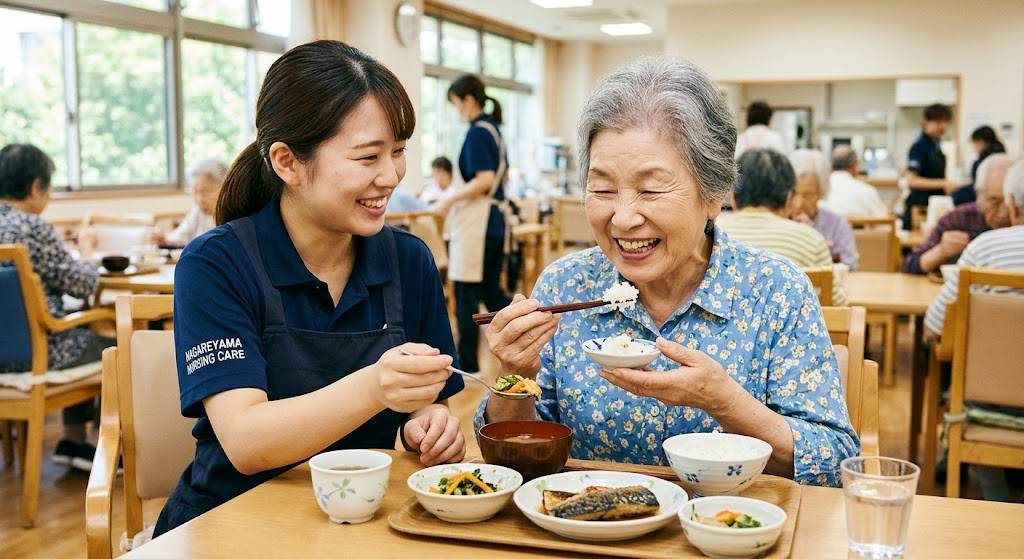 高齢者施設で若い介護士が、高齢女性に食事を提供しているイメージ画像です。